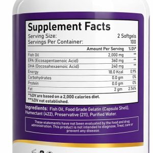 روغن ماهی امگا 3 2000 میلی گرم 360 EPA 240 DHA پشتیبانی قلبی عروقی با قدرت دو برابر 200 ژل نرم